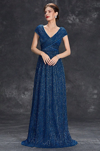 Sparkly A-lijn V-hals grijs blauw lange formele jurk