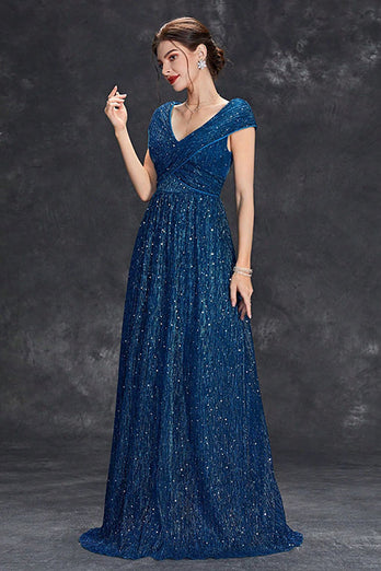Sparkly A-lijn V-hals grijs blauw lange formele jurk