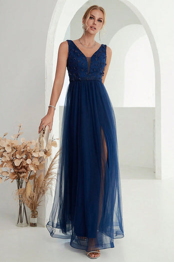 Marineblauwe A-lijn tule lange formele jurk met split