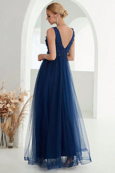 Marineblauwe A-lijn tule lange formele jurk met split