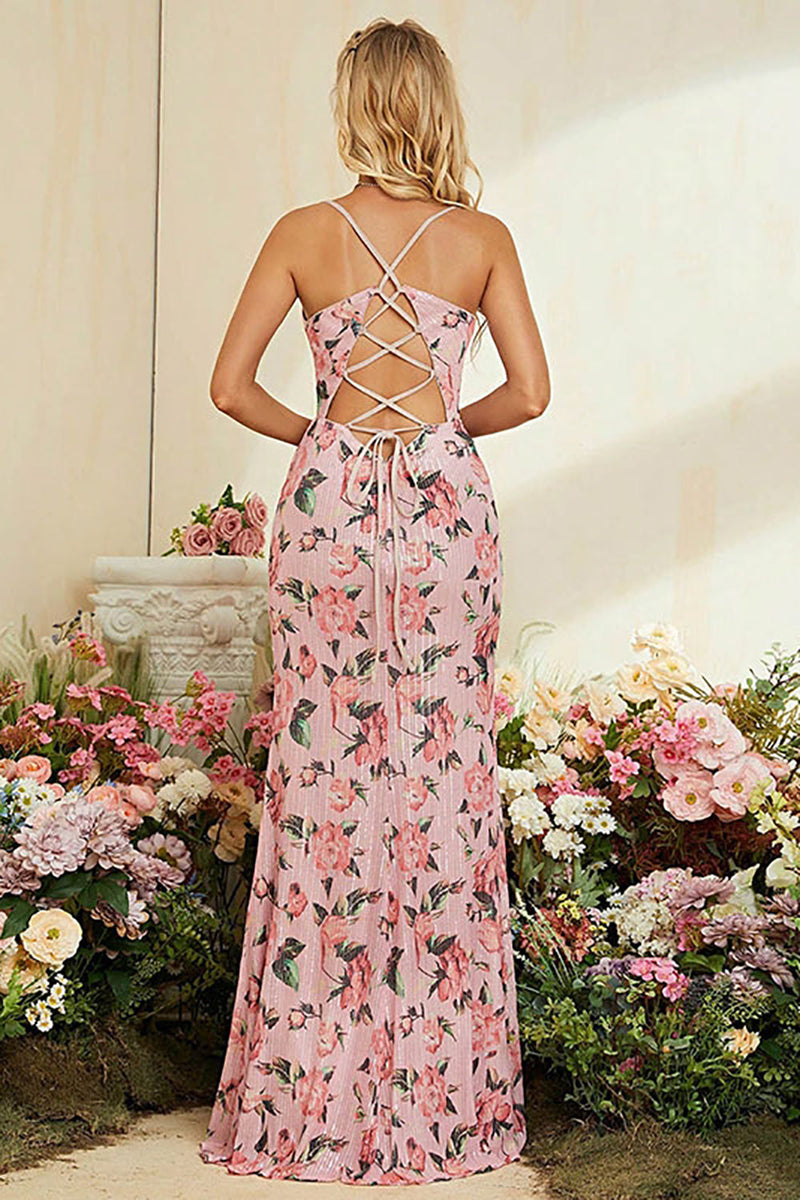 Afbeelding in Gallery-weergave laden, Schede bloem bedrukt blush bruiloft partij jurk met spleet