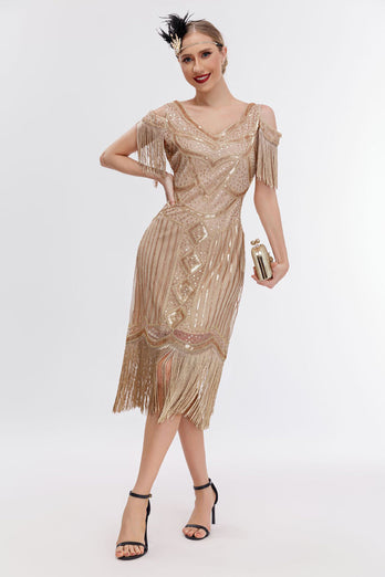 Zwarte gouden koude schouder franjes jaren 1920 Gatsby jurk