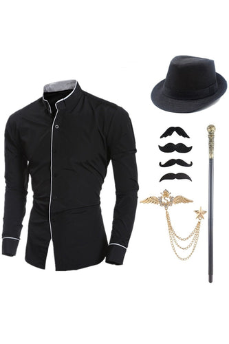 Zwart Opstaande Kraag Lange Mouw Heren Kostuum Overhemd met Accessoires Set