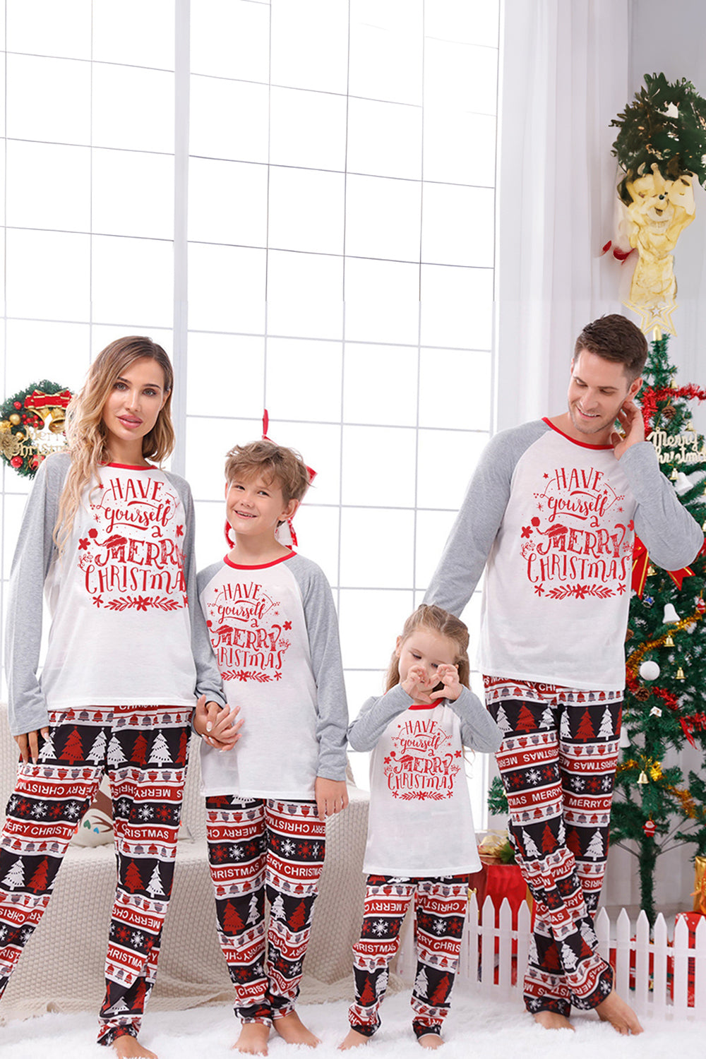 Print grijze lange mouwen bijpassende familie kerst pyjama