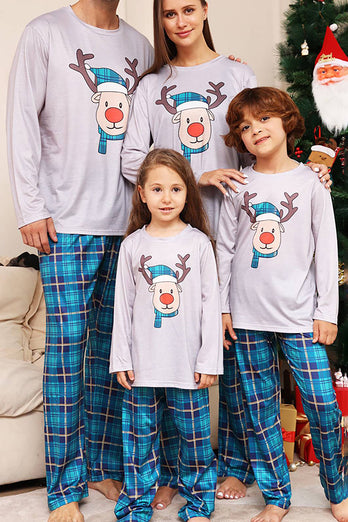 Grijze Hert en Blauw Geruite Kerst Familie Bijpassende Pyjama Set