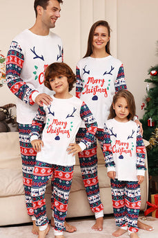 Witte en blauwe herten sneeuwvlok patroon kerst familie bijpassende pyjama set