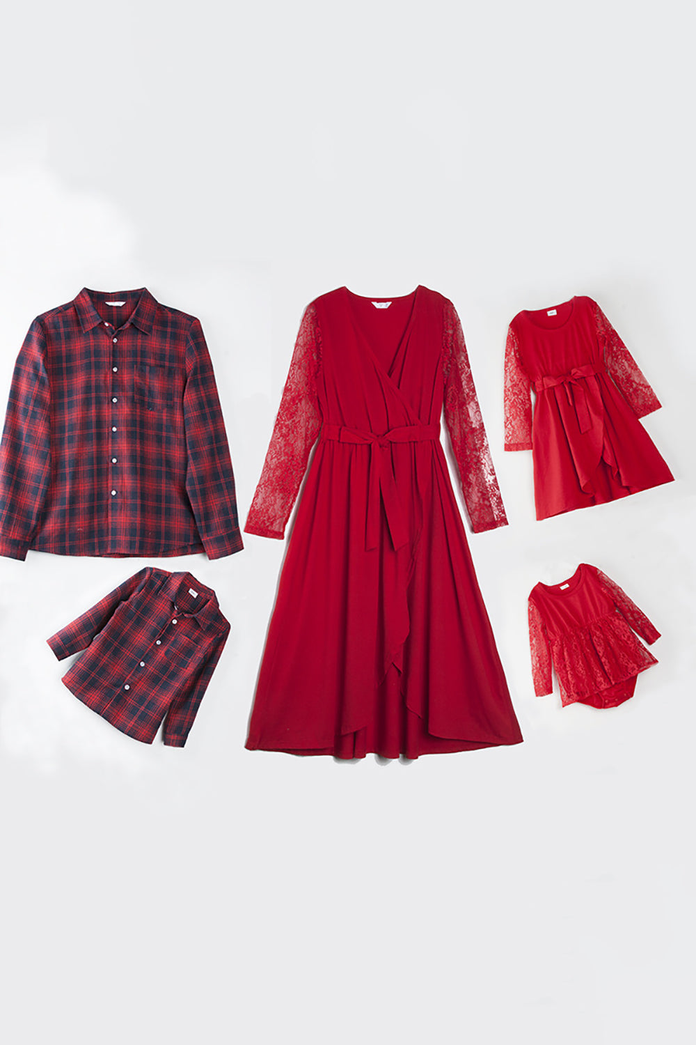 Rode kanten jurken en lange mouwen T-shirt familie bijpassende outfits