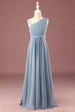 Dusty Blue One Shoulder A-lijn Chiffon Geplooide Vloer Lengte Junior Bruidsmeisje Jurk