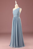 Dusty Blue One Shoulder A-lijn Chiffon Geplooide Vloer Lengte Junior Bruidsmeisje Jurk