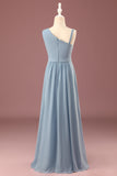 Dusty Blue One Shoulder A-lijn Chiffon Geplooide Vloer Lengte Junior Bruidsmeisje Jurk