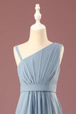 Dusty Blue One Shoulder A-lijn Chiffon Geplooide Vloer Lengte Junior Bruidsmeisje Jurk