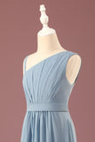 Dusty Blue One Shoulder A-lijn Chiffon Geplooide Vloer Lengte Junior Bruidsmeisje Jurk