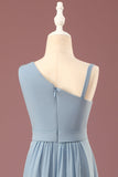 Dusty Blue One Shoulder A-lijn Chiffon Geplooide Vloer Lengte Junior Bruidsmeisje Jurk