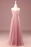 Dusty Rose A-lijn Chiffon Spaghetti Straps Lange Geplooide Junior Bruidsmeisjesjurk