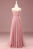 Dusty Rose A-lijn Chiffon Spaghetti Straps Lange Geplooide Junior Bruidsmeisjesjurk