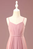 Dusty Rose A-lijn Chiffon Spaghetti Straps Lange Geplooide Junior Bruidsmeisjesjurk