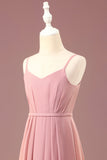 Dusty Rose A-lijn Chiffon Spaghetti Straps Lange Geplooide Junior Bruidsmeisjesjurk