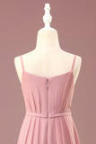 Dusty Rose A-lijn Chiffon Spaghetti Straps Lange Geplooide Junior Bruidsmeisjesjurk