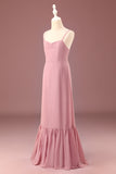 Dusty Rose Spaghetti Straps A-lijn Chiffon Lange Junior Bruidsmeisje Jurk