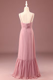 Dusty Rose Spaghetti Straps A-lijn Chiffon Lange Junior Bruidsmeisje Jurk