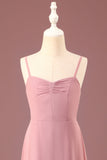 Dusty Rose Spaghetti Straps A-lijn Chiffon Lange Junior Bruidsmeisje Jurk