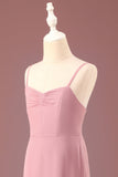 Dusty Rose Spaghetti Straps A-lijn Chiffon Lange Junior Bruidsmeisje Jurk