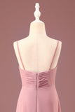 Dusty Rose Spaghetti Straps A-lijn Chiffon Lange Junior Bruidsmeisje Jurk