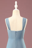 Dusty Blue Chiffon A-lijn V-hals Junior Bruidsmeisjesjurk