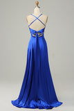 Royal Blue Halter A Line Lange Bruidsmeisje Jurk