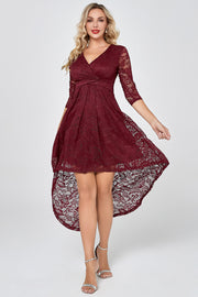 Burgundy High Low Lace Feestjurk met Mouwen