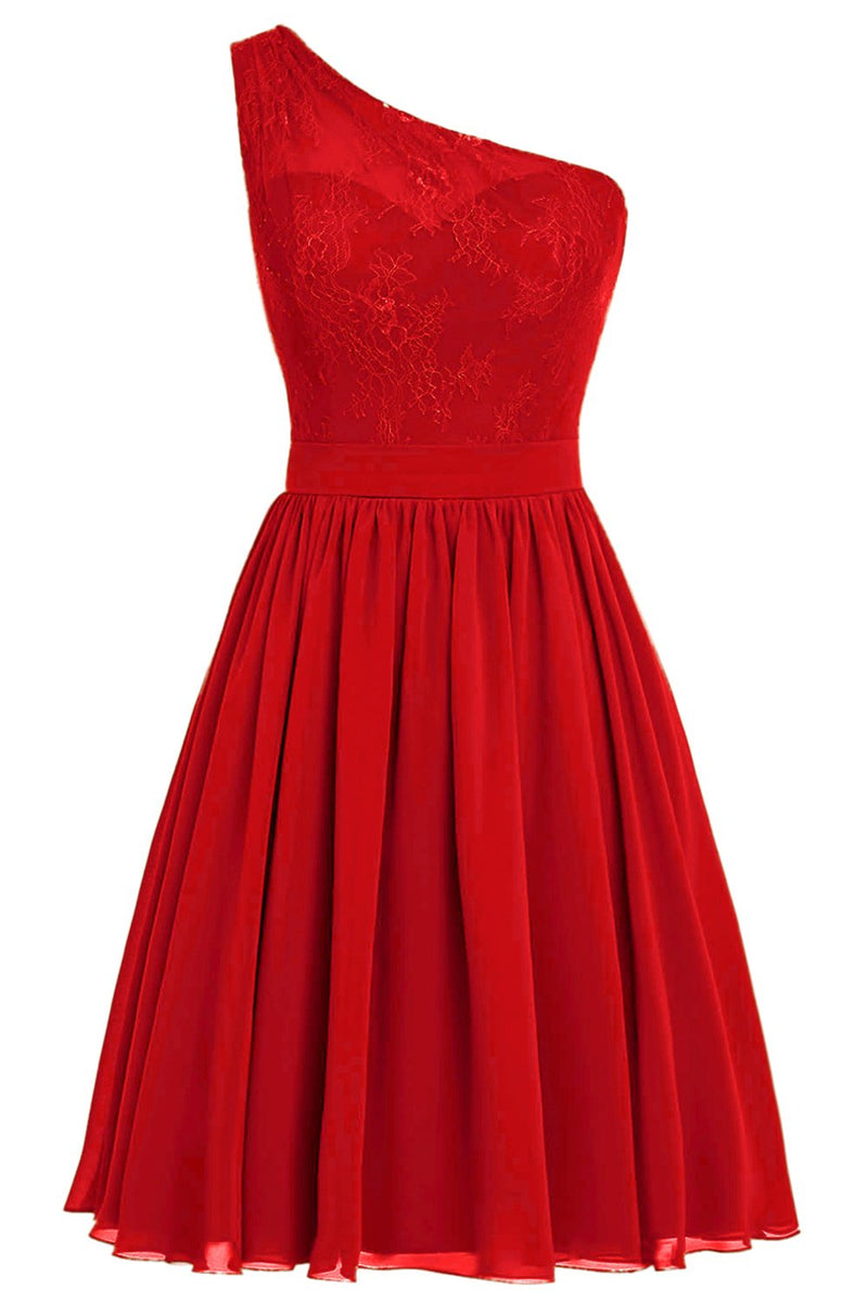 Afbeelding in Gallery-weergave laden, Een schouder rode homecoming jurk met kant