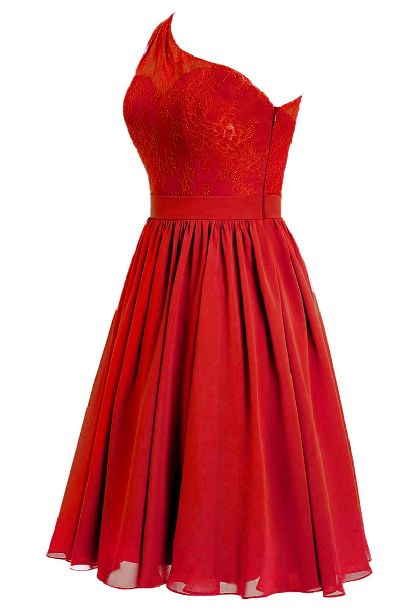 Afbeelding in Gallery-weergave laden, Een schouder rode homecoming jurk met kant