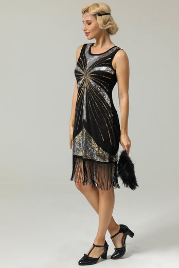 Zwarte jaren 1920 pailletten Fringe Flapper jurk