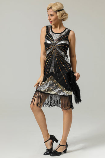 Zwarte jaren 1920 pailletten Fringe Flapper jurk