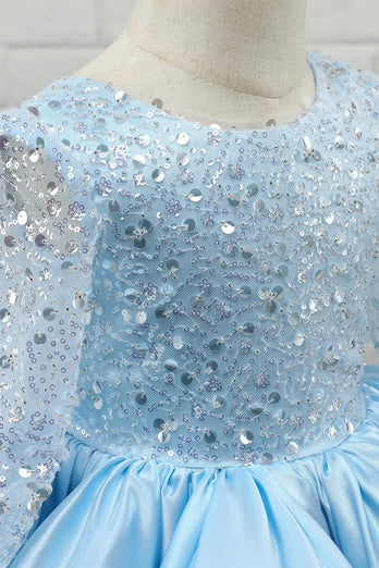 Lichtblauwe pailletten bloem meisje jurk met mouwen