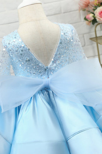 Lichtblauwe pailletten bloem meisje jurk met mouwen