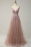 A Line Spaghetti Straps Blush Long Prom Jurk met Appliques