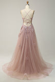 A Line Spaghetti Straps Blush Long Prom Jurk met Appliques