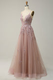 A Line Spaghetti Straps Blush Long Prom Jurk met Appliques