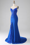 Koningsblauwe zeemeermin strapless lange kralen galajurk met appliques