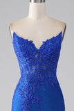 Koningsblauwe zeemeermin strapless lange kralen galajurk met appliques