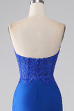Koningsblauwe zeemeermin strapless lange kralen galajurk met appliques