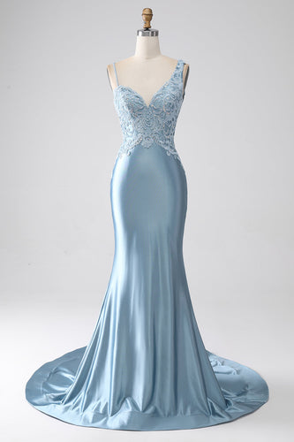 Grijze blauwe zeemeermin spaghetti bandjes lange kralen prom jurk met appliques