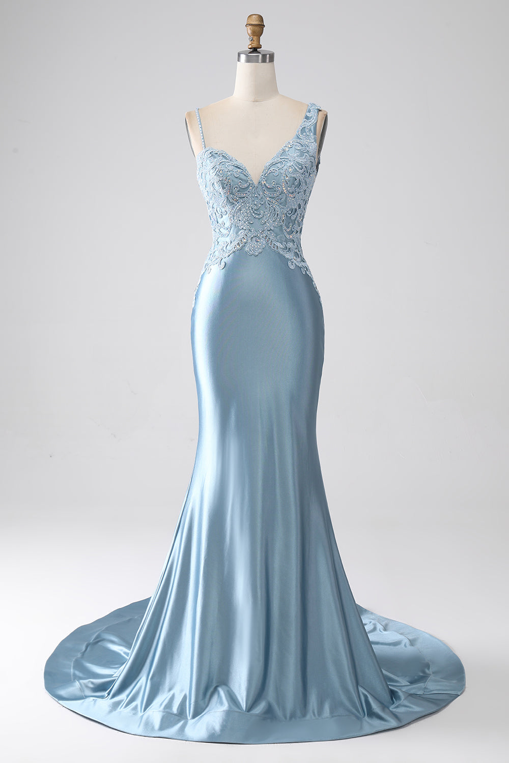 Grijze blauwe zeemeermin spaghetti bandjes lange kralen prom jurk met appliques
