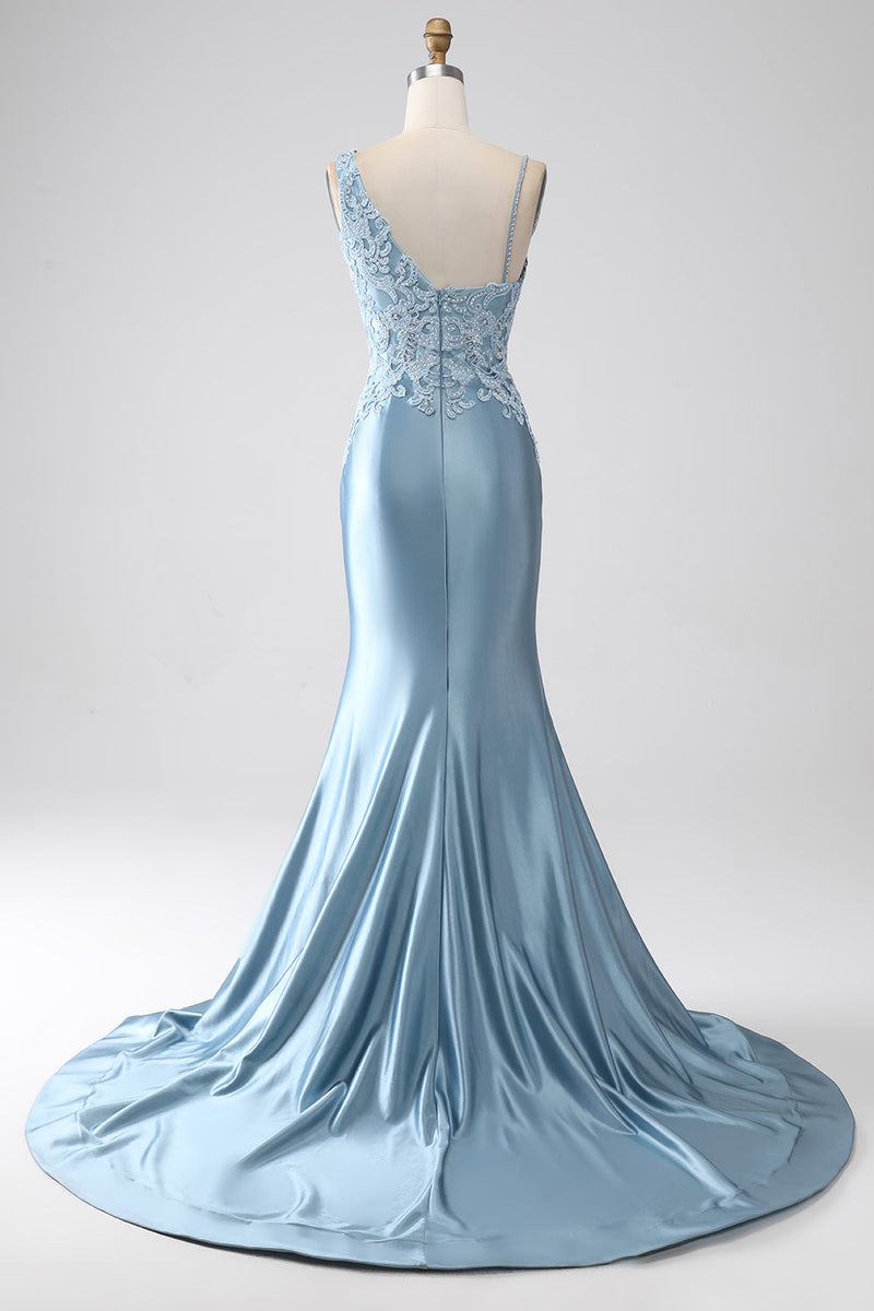 Afbeelding in Gallery-weergave laden, Grijze blauwe zeemeermin spaghetti bandjes lange kralen prom jurk met appliques