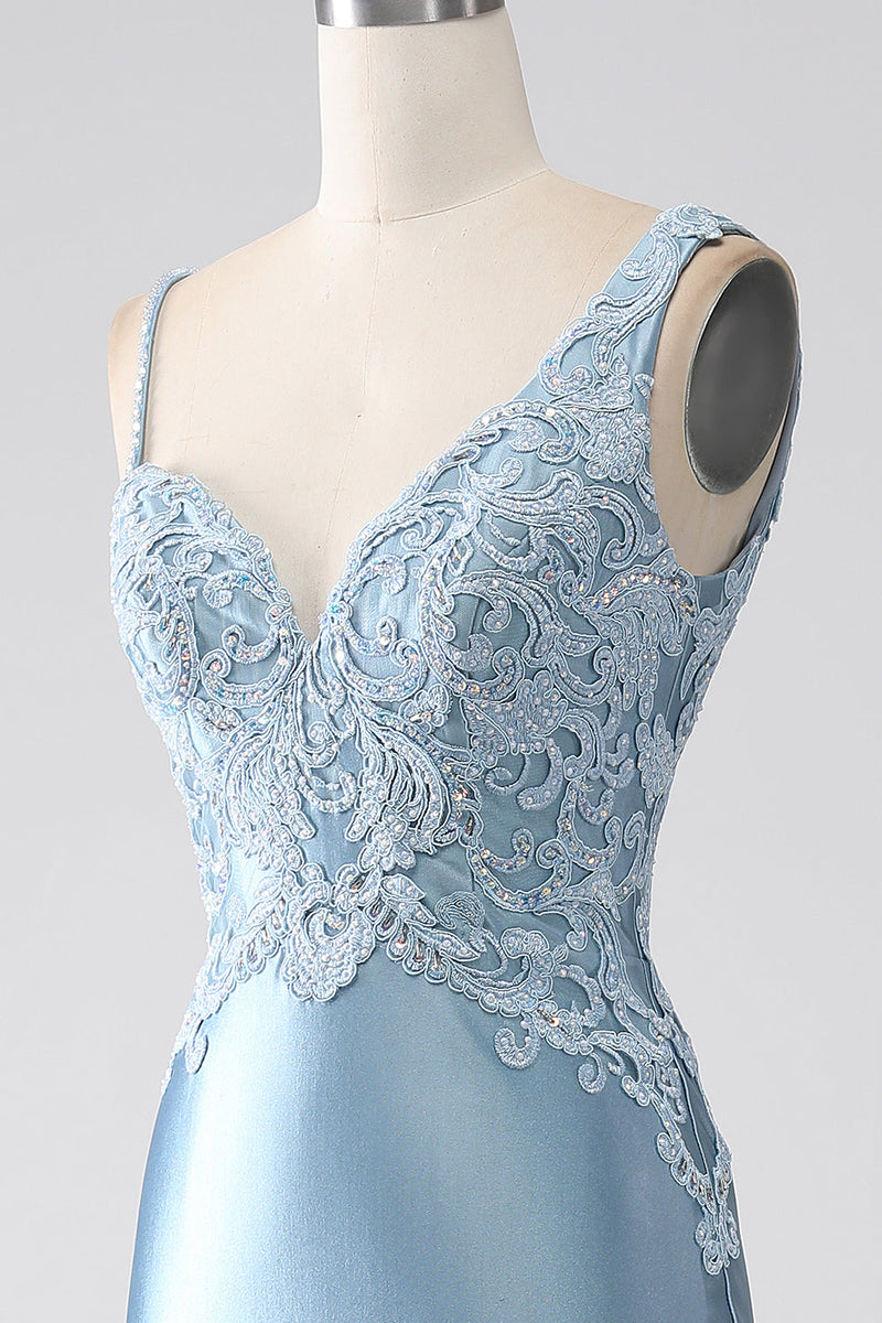 Afbeelding in Gallery-weergave laden, Grijze blauwe zeemeermin spaghetti bandjes lange kralen prom jurk met appliques