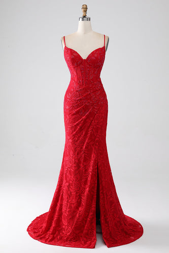 Rode zeemeermin Spaghetti bandjes kralen Lace stoffen Prom jurk met split