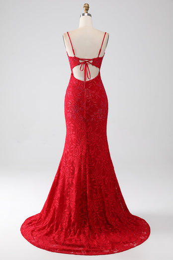 Rode zeemeermin Spaghetti bandjes kralen Lace stoffen Prom jurk met split