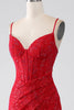 Afbeelding in Gallery-weergave laden, Rode zeemeermin Spaghetti bandjes kralen Lace stoffen Prom jurk met split