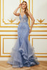 Afbeelding in Gallery-weergave laden, Zeemeermin Spaghetti Strap kralen Backless grijs blauwe Prom jurk met Appliques